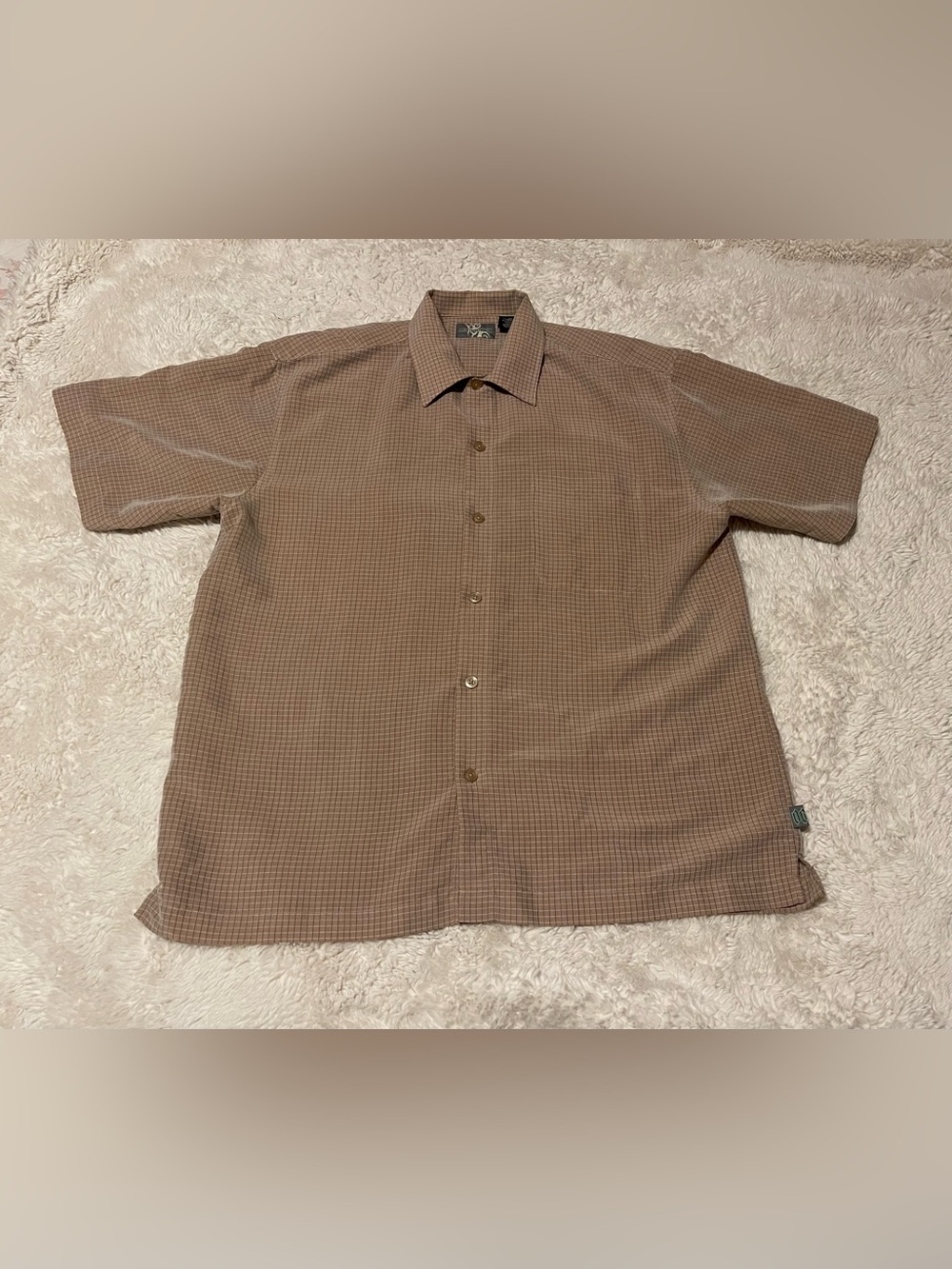 Ocean Current Men's M Shirt Tan Grid Check Short Sleeve Polynosic Rayon Y2K